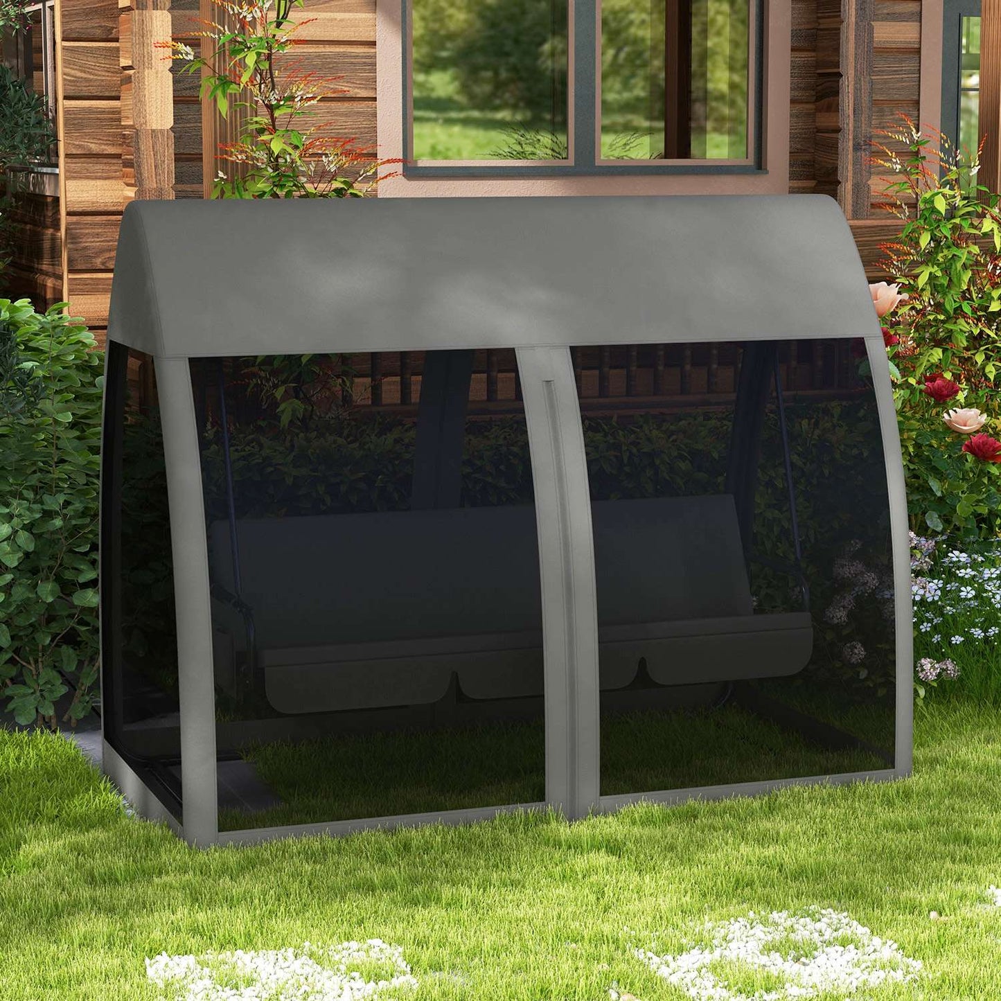2-in-1 Gray Garden swing bench, reclining 3-seater with canopy