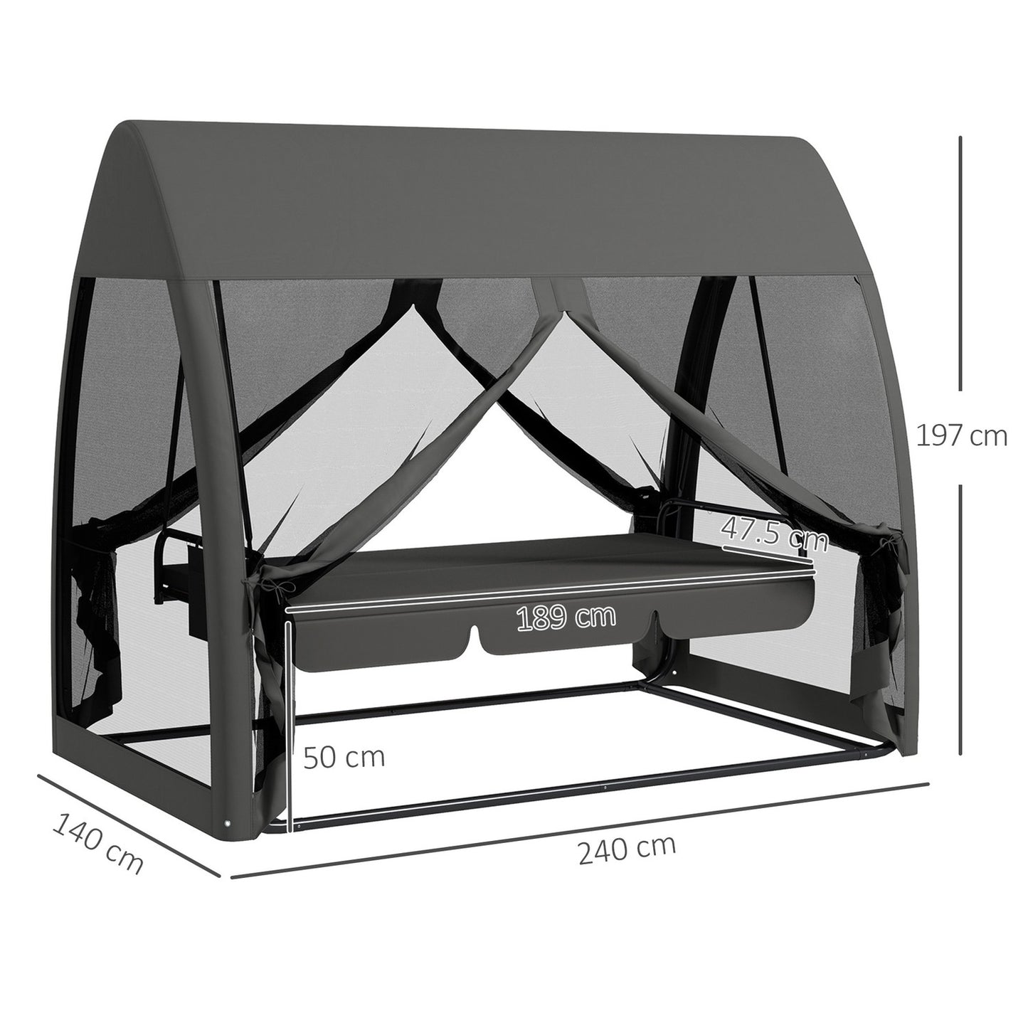 2-in-1 Gray Garden swing bench, reclining 3-seater with canopy