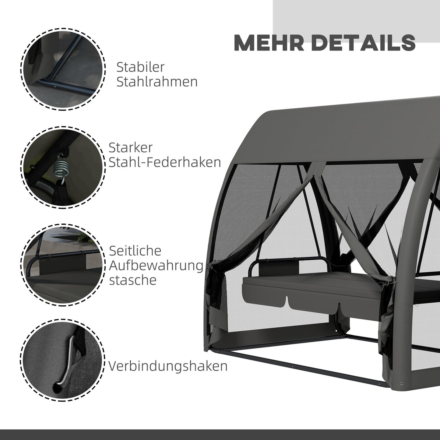 2-in-1 Gray Garden swing bench, reclining 3-seater with canopy