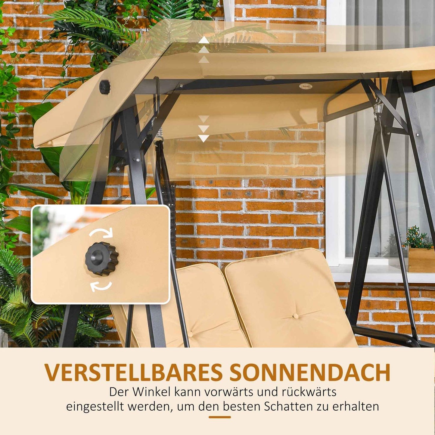3-seat garden swing with adjustable canopy, beige