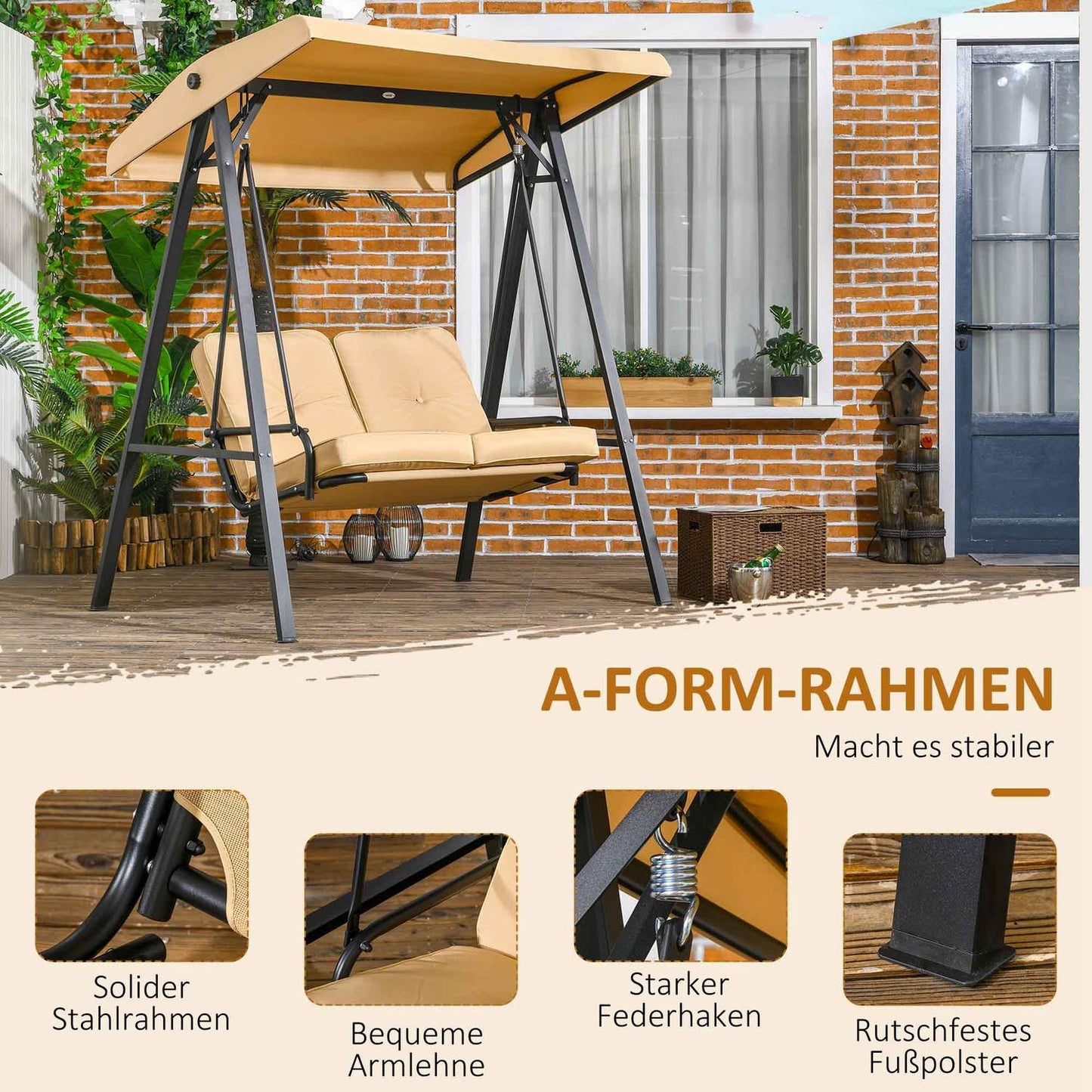 3-seat garden swing with adjustable canopy, beige