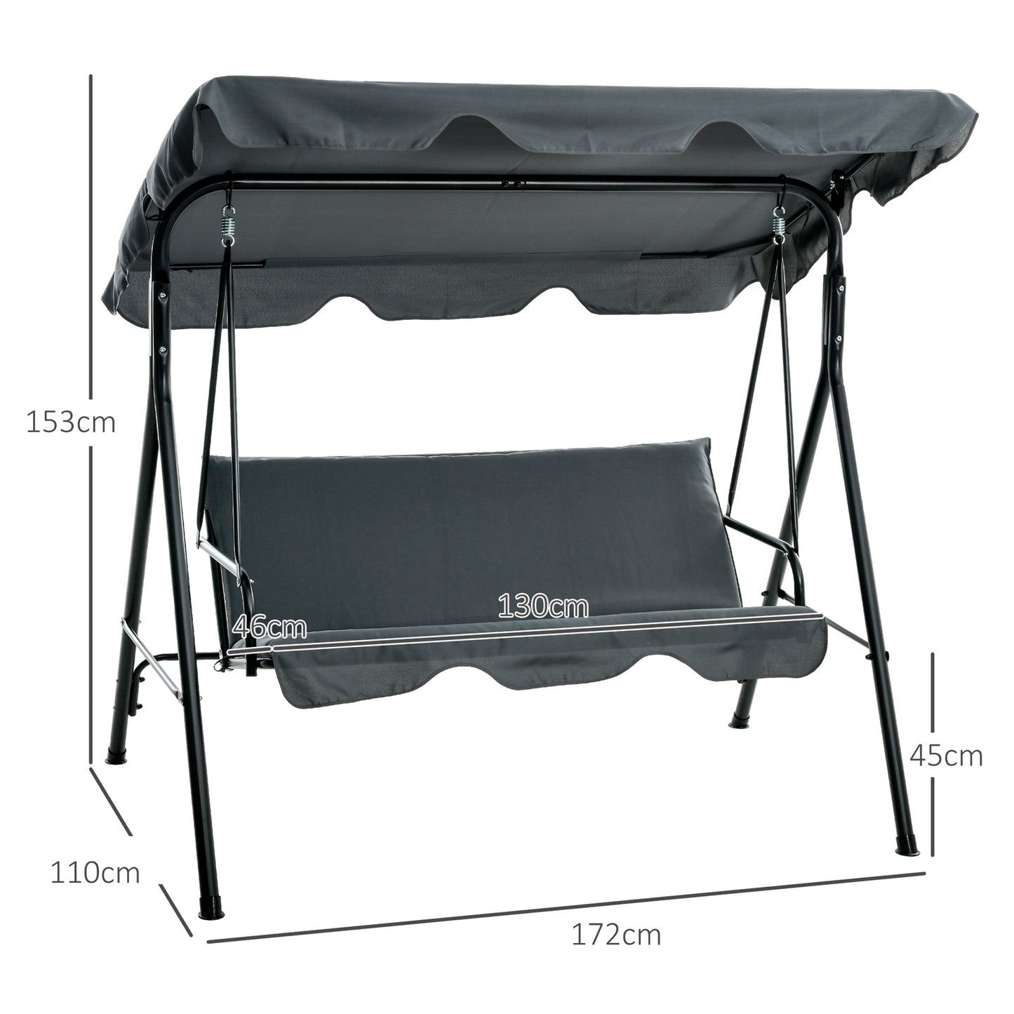 3-seat garden swing with cushion, adjustable canopy