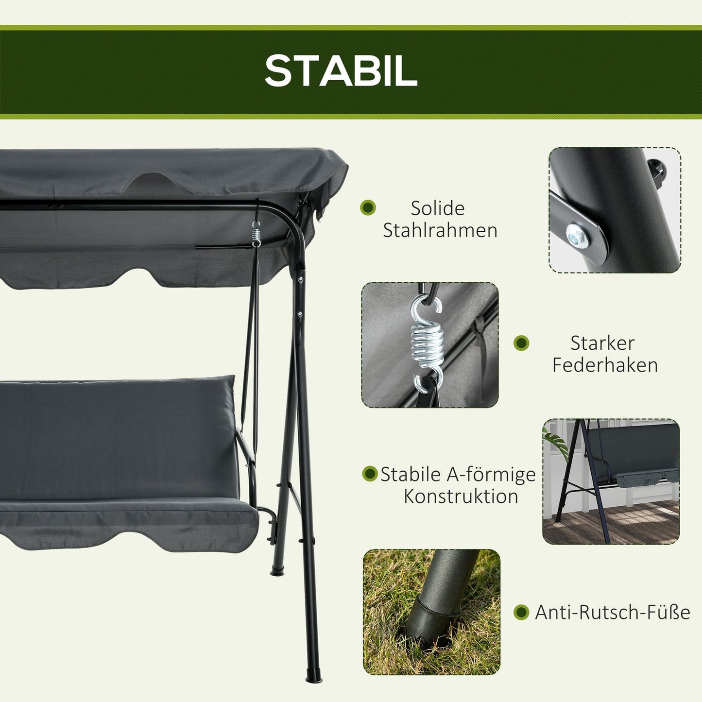 3-seat garden swing with cushion, adjustable canopy