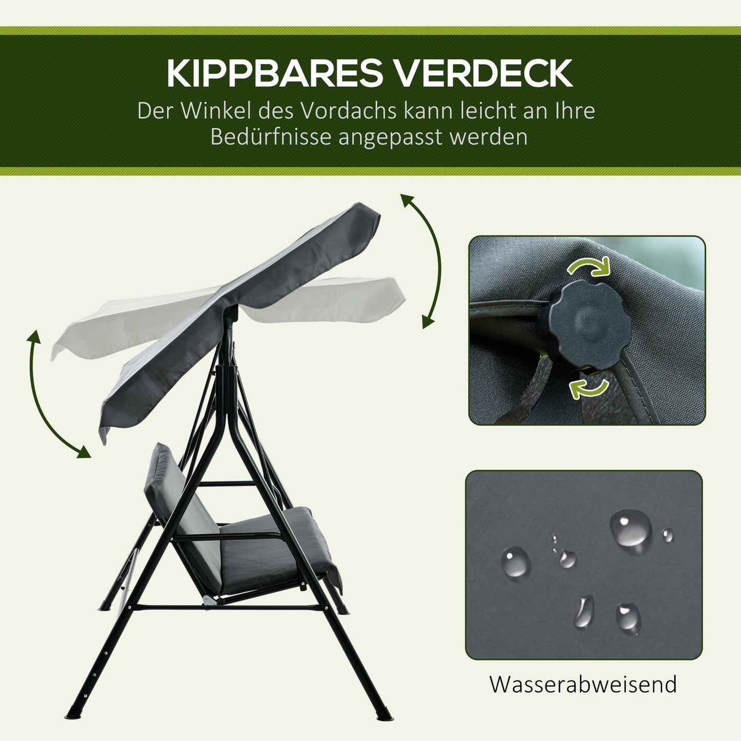 3-seat garden swing with cushion, adjustable canopy