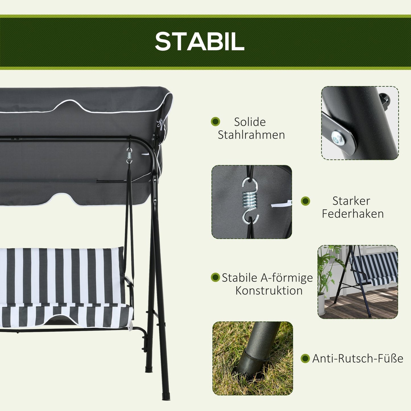 3-seat garden swing with cushion and adjustable canopy