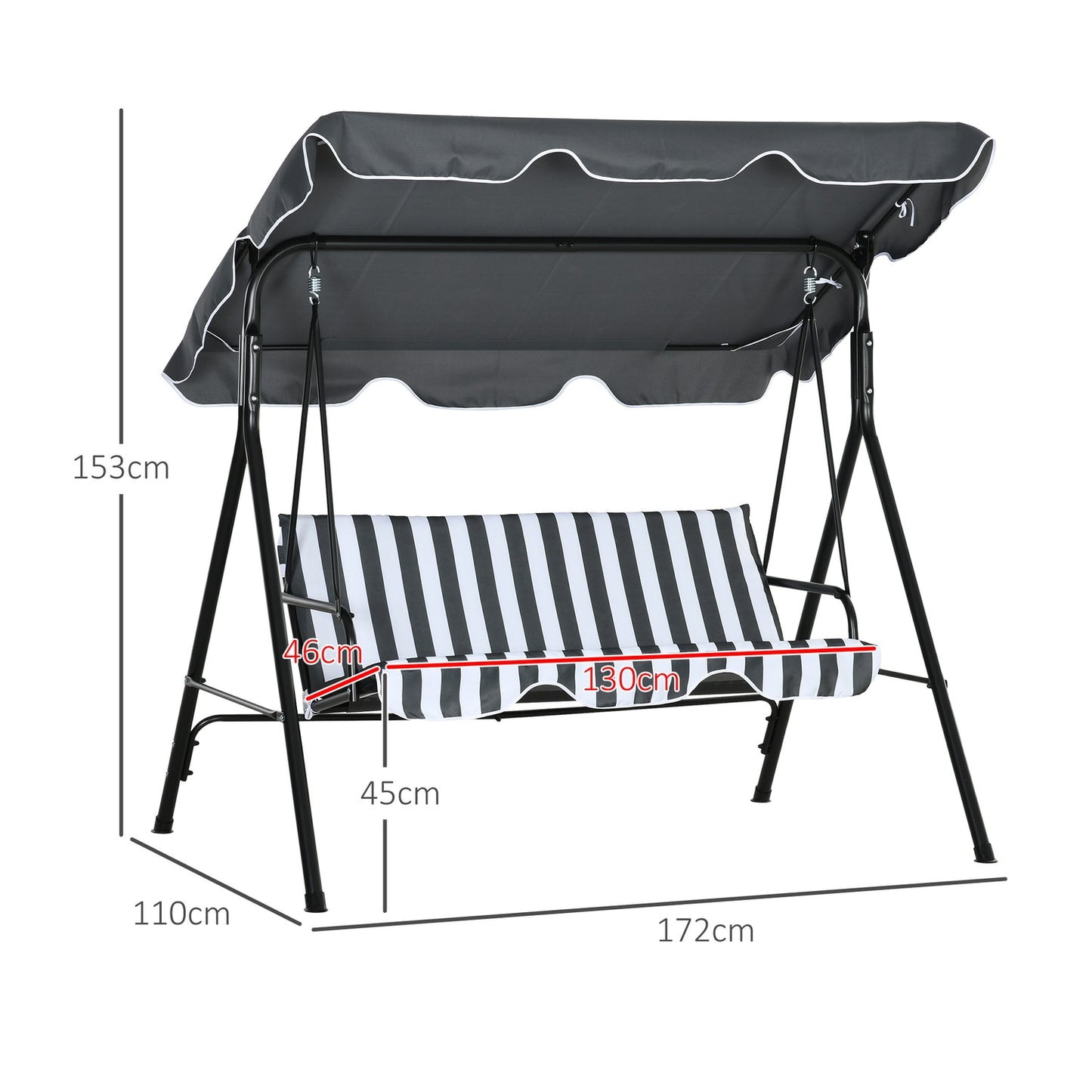 3-seat garden swing with cushion and adjustable canopy