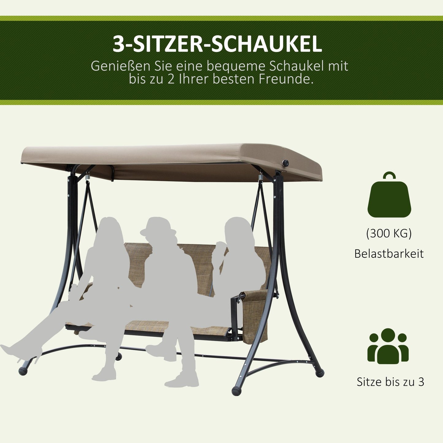 3-seat garden swing with adjustable canopy, 300 kg capacity