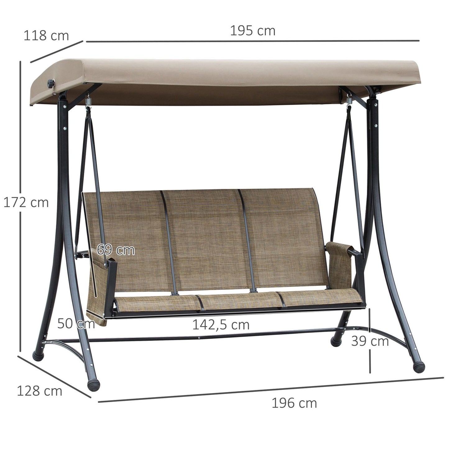 3-seat garden swing with adjustable canopy, 300 kg capacity