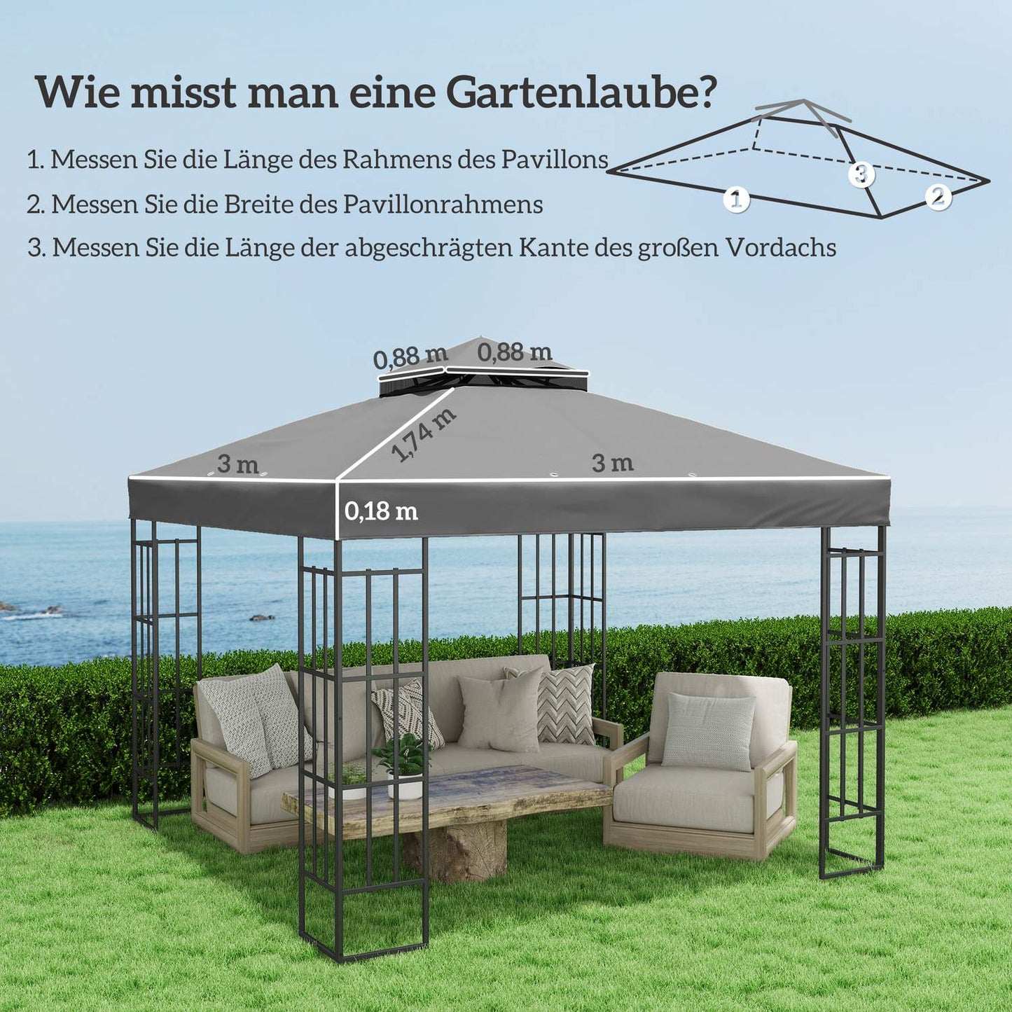 Waterproof 3x3m Gazebo Roof Replacement - Oxford Fabric, Dark Grey