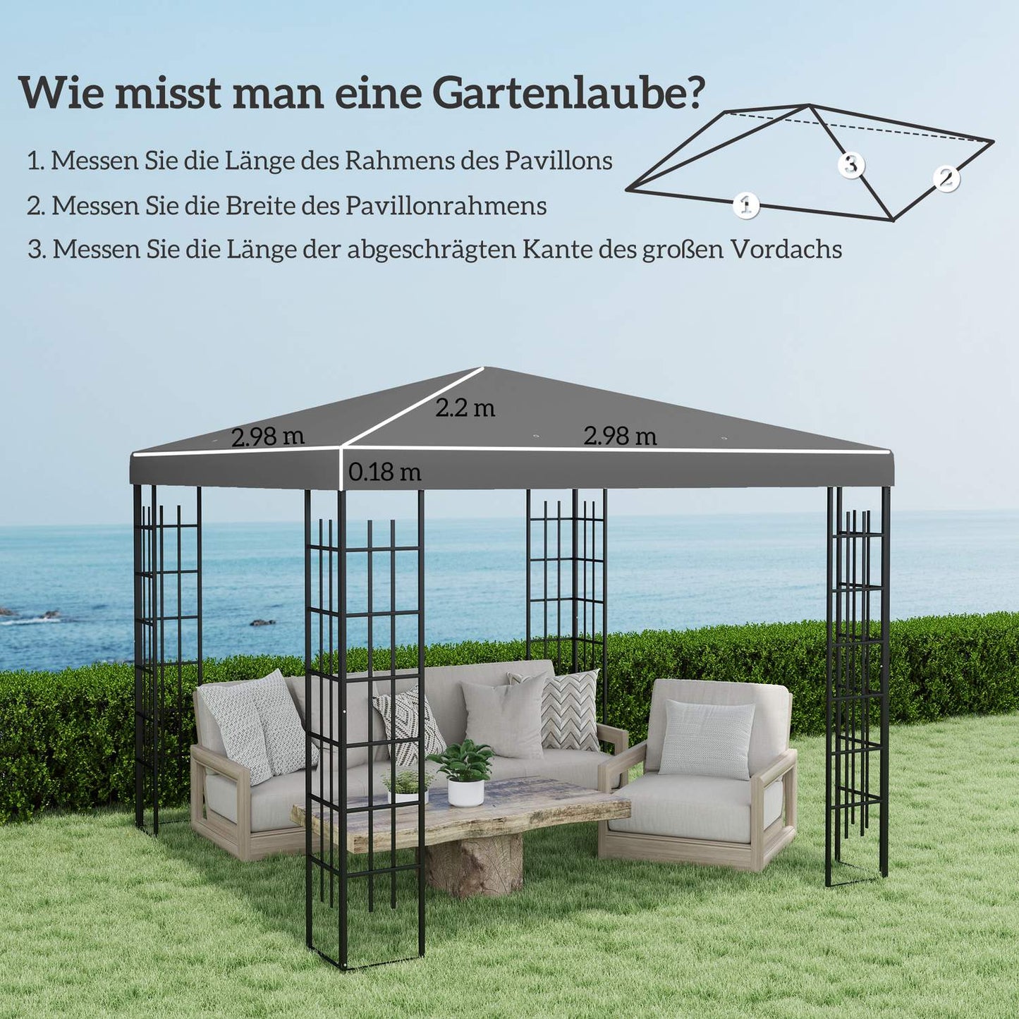 Waterproof Gazebo roof cover, 3x3m, dark grey, 370gsm