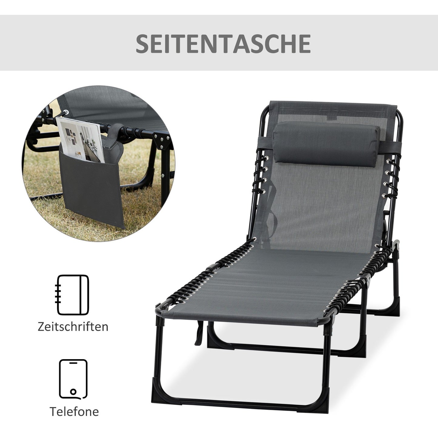 Folding sun lounger with cushion, adjustable, weatherproof