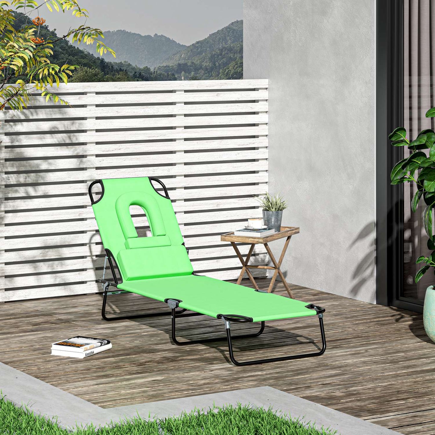 Folding sun lounger, adjustable, weatherproof, green