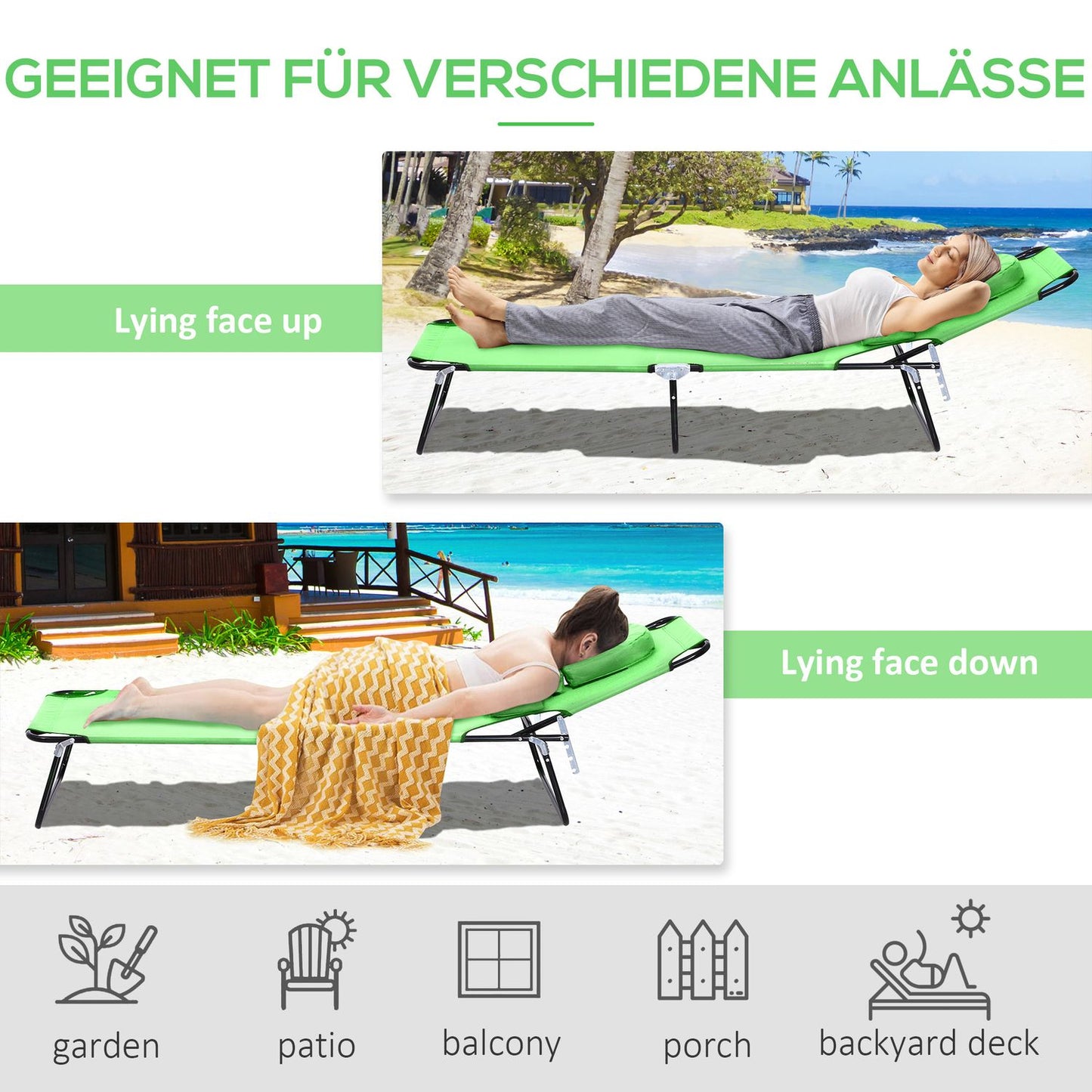 Folding sun lounger, adjustable, weatherproof, green
