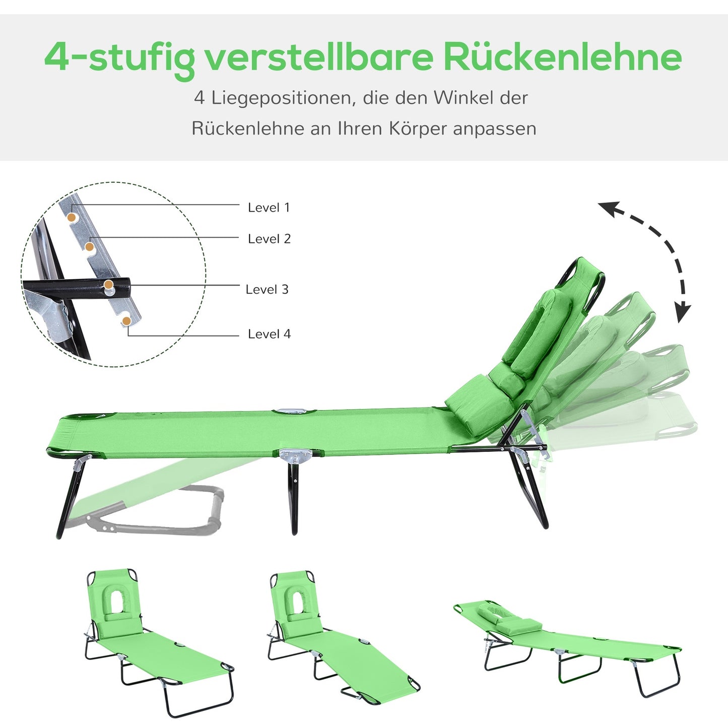 Folding sun lounger, adjustable, weatherproof, green