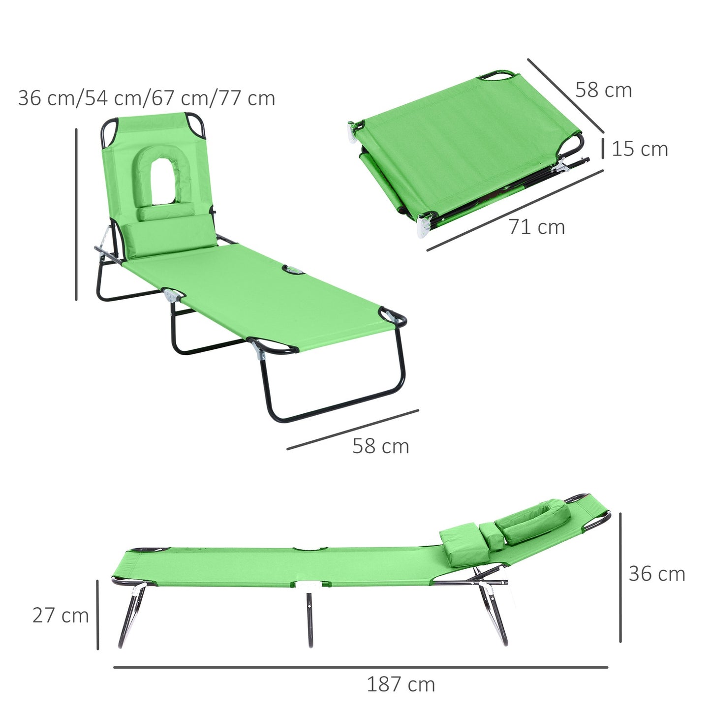 Folding sun lounger, adjustable, weatherproof, green