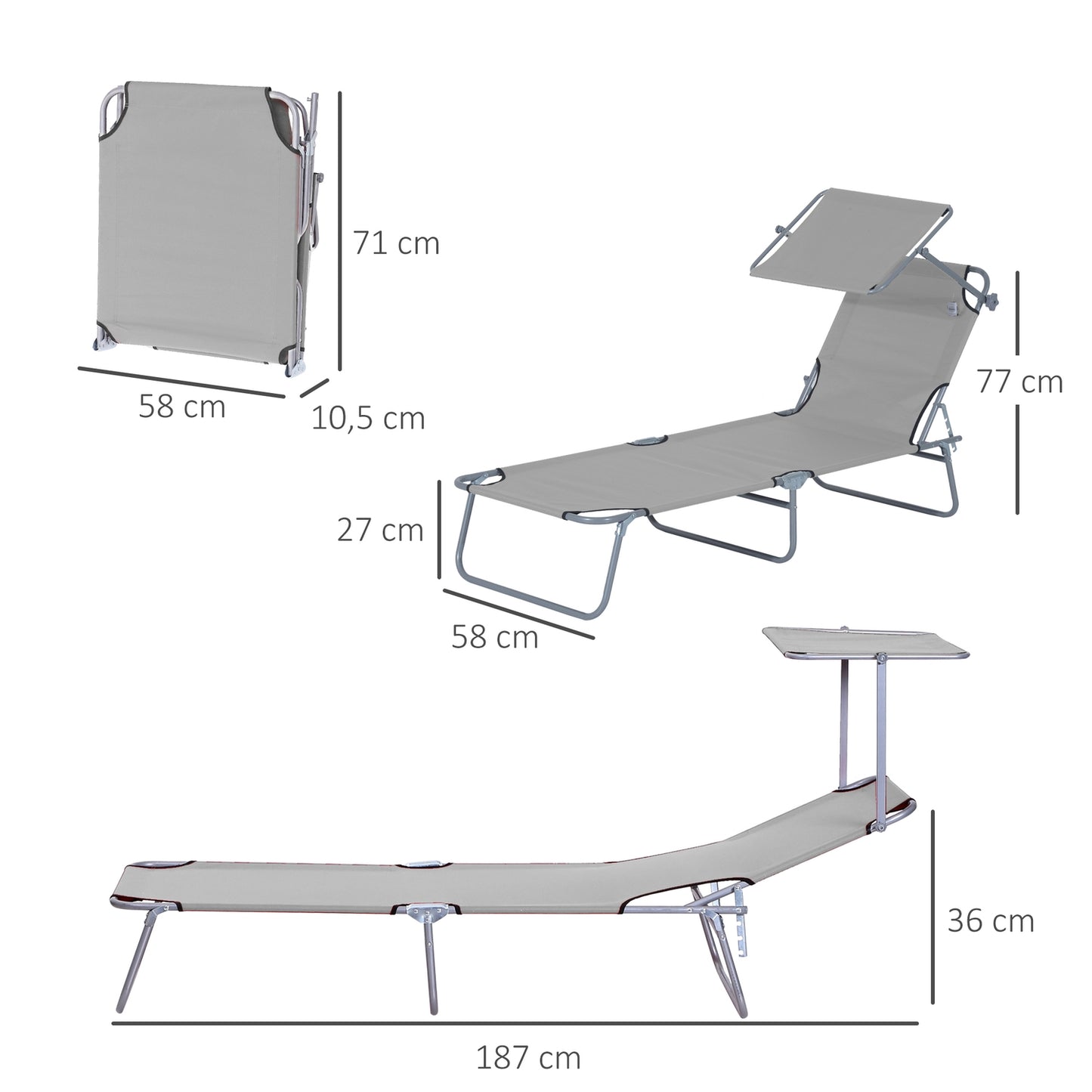 Folding sun lounger with 4-position backrest and roof
