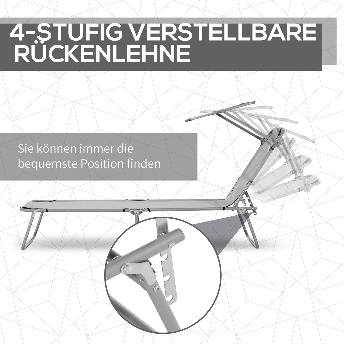 Folding sun lounger with 4-position backrest and roof