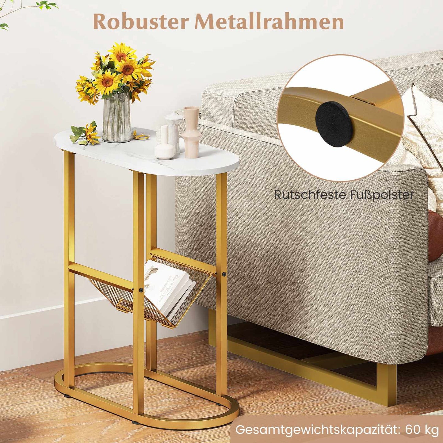 Oval 2-Tier Side Table with Magazine Rack, White
