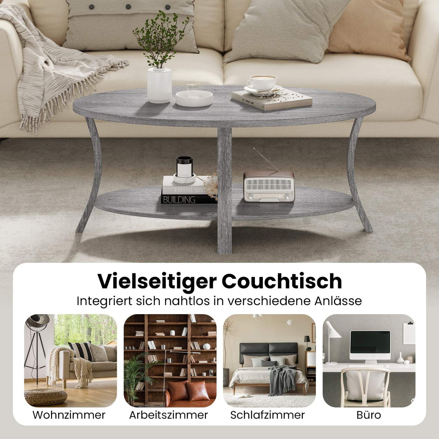 Oval Coffee Table with Shelf, Rubberwood, 2-Tier, Gray