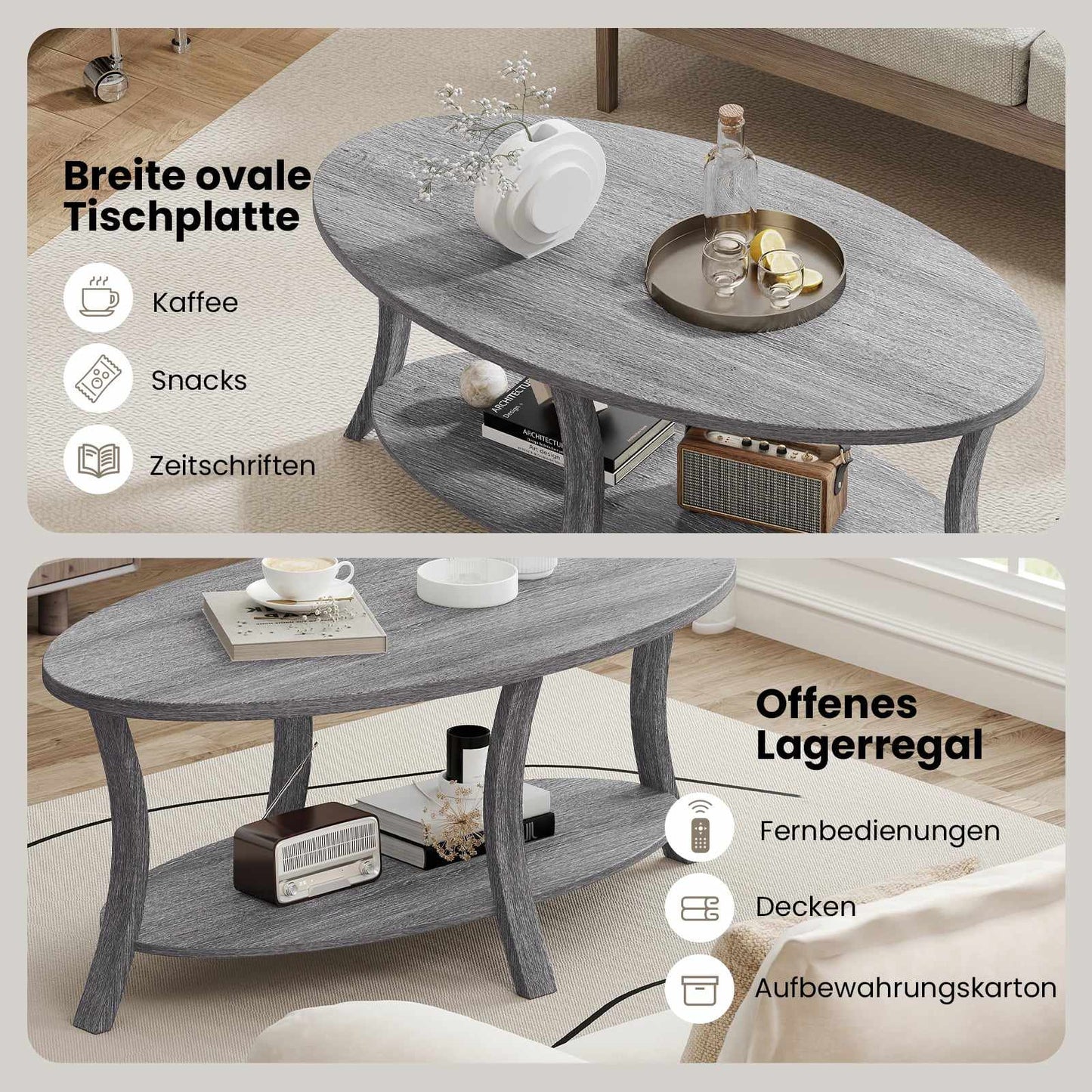 Oval Coffee Table with Shelf, Rubberwood, 2-Tier, Gray