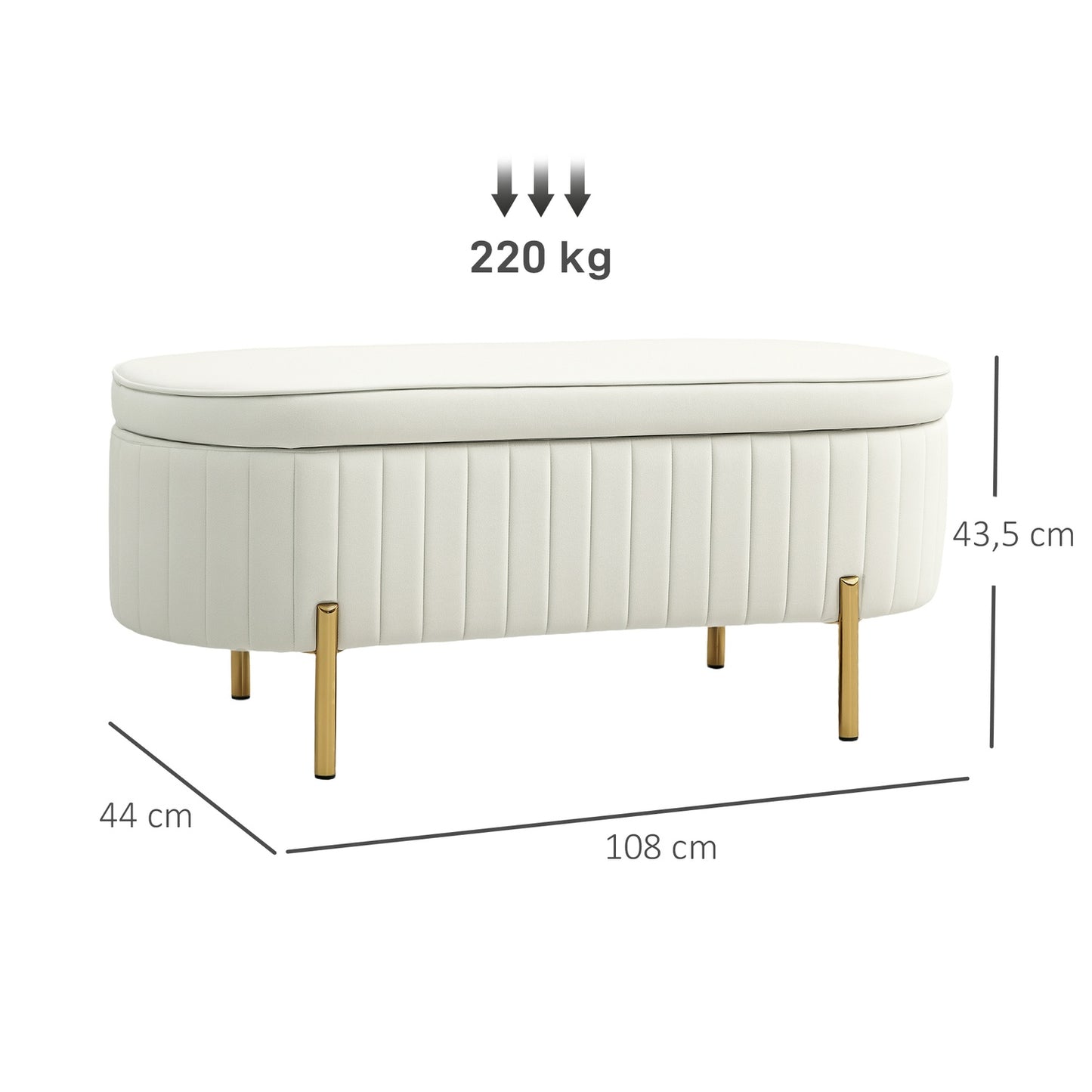 Oval Storage Bench with Gold Legs, Velvet Upholstery, Cream