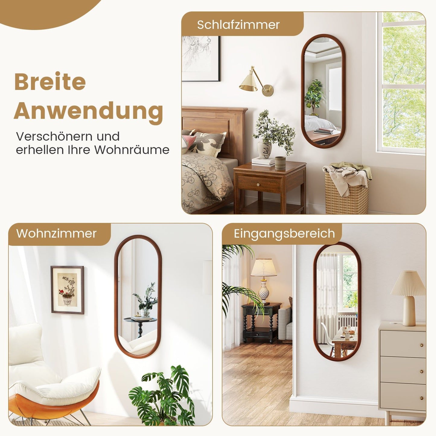 Oval Wall Mirror, 110x45 cm, Solid Wood Frame