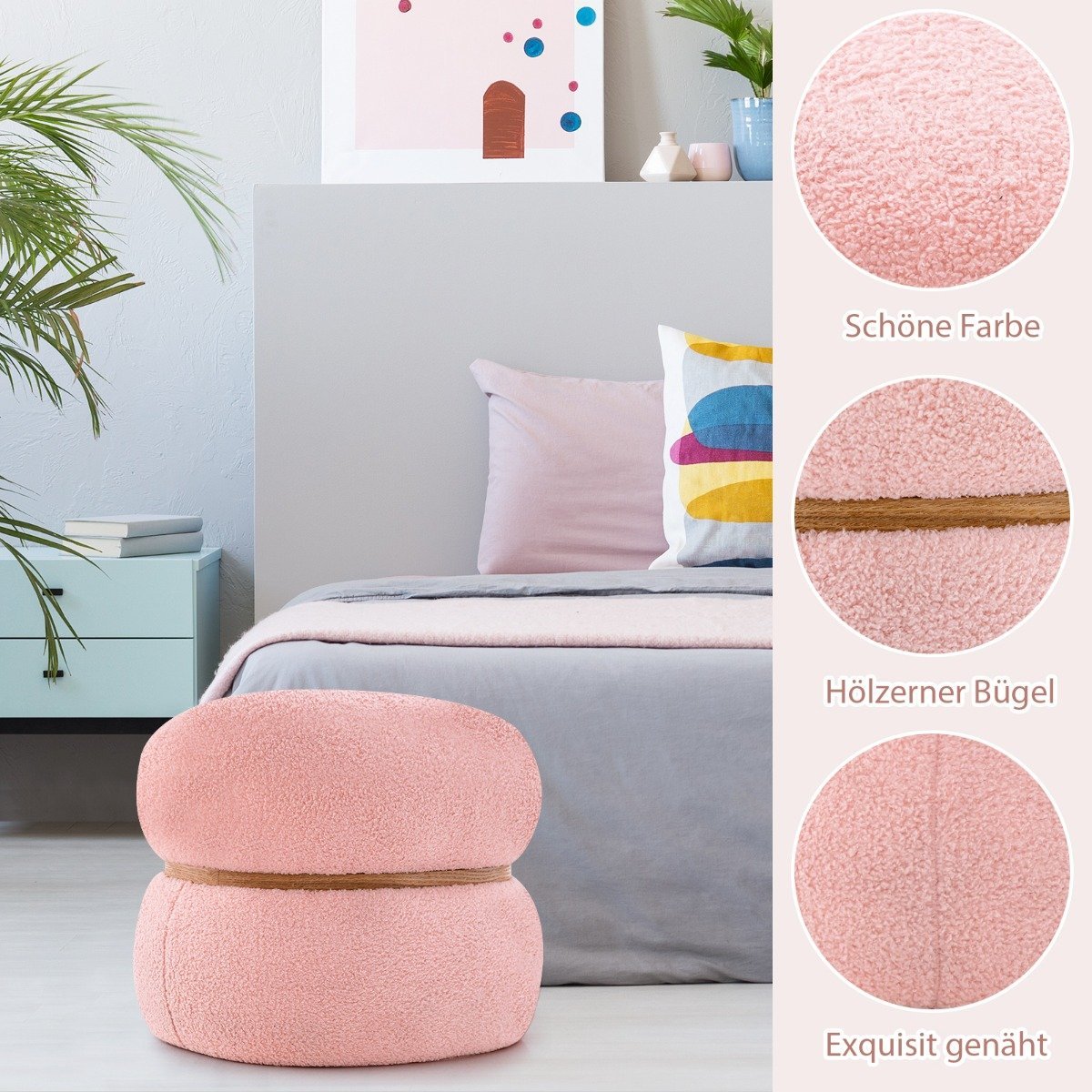 Oval stool with non-slip foot pads. Padded dressing stool made of Sherpa pink 44 x 35 x 35 cm