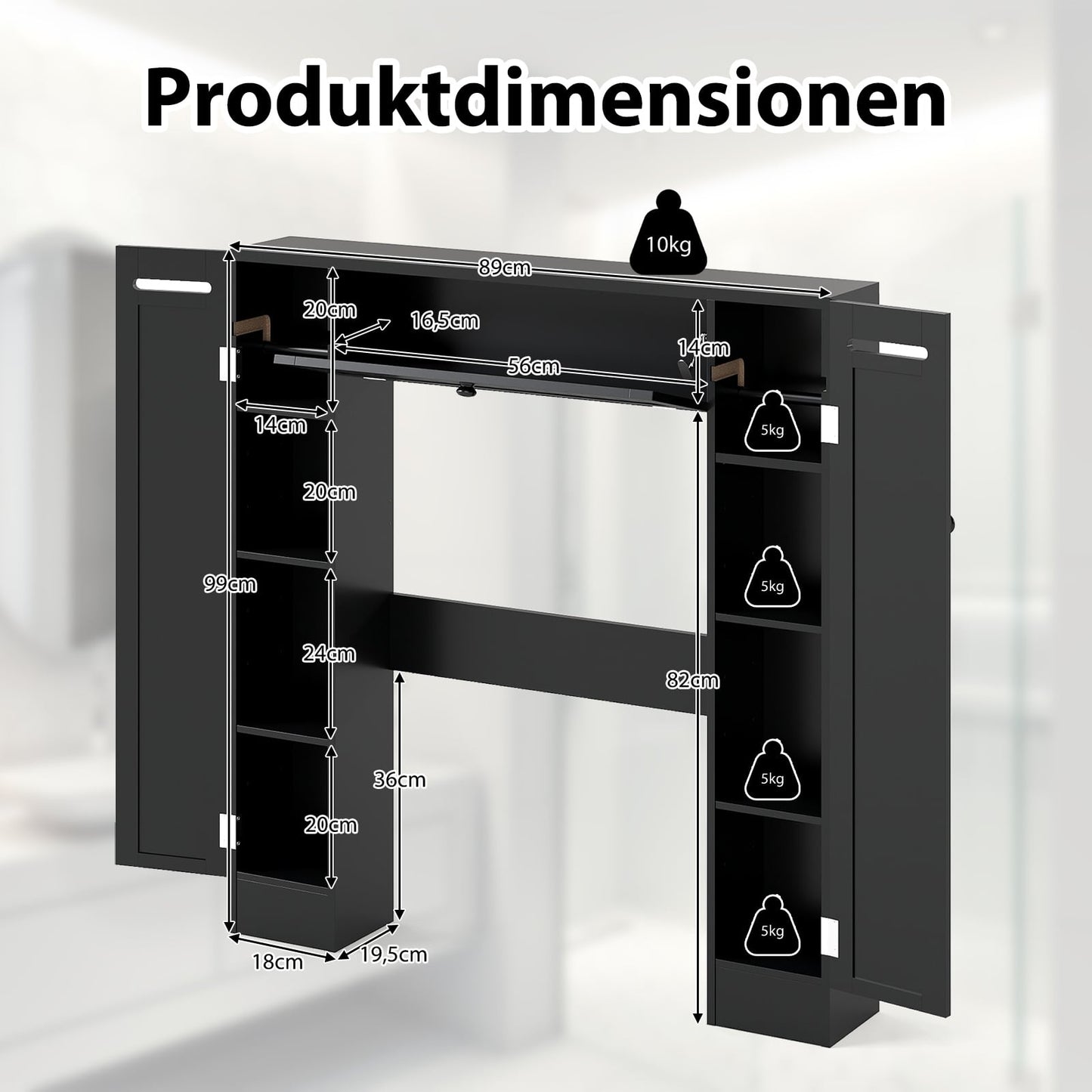 Over-Toilet Bathroom Cabinet, Adjustable Shelves, Black