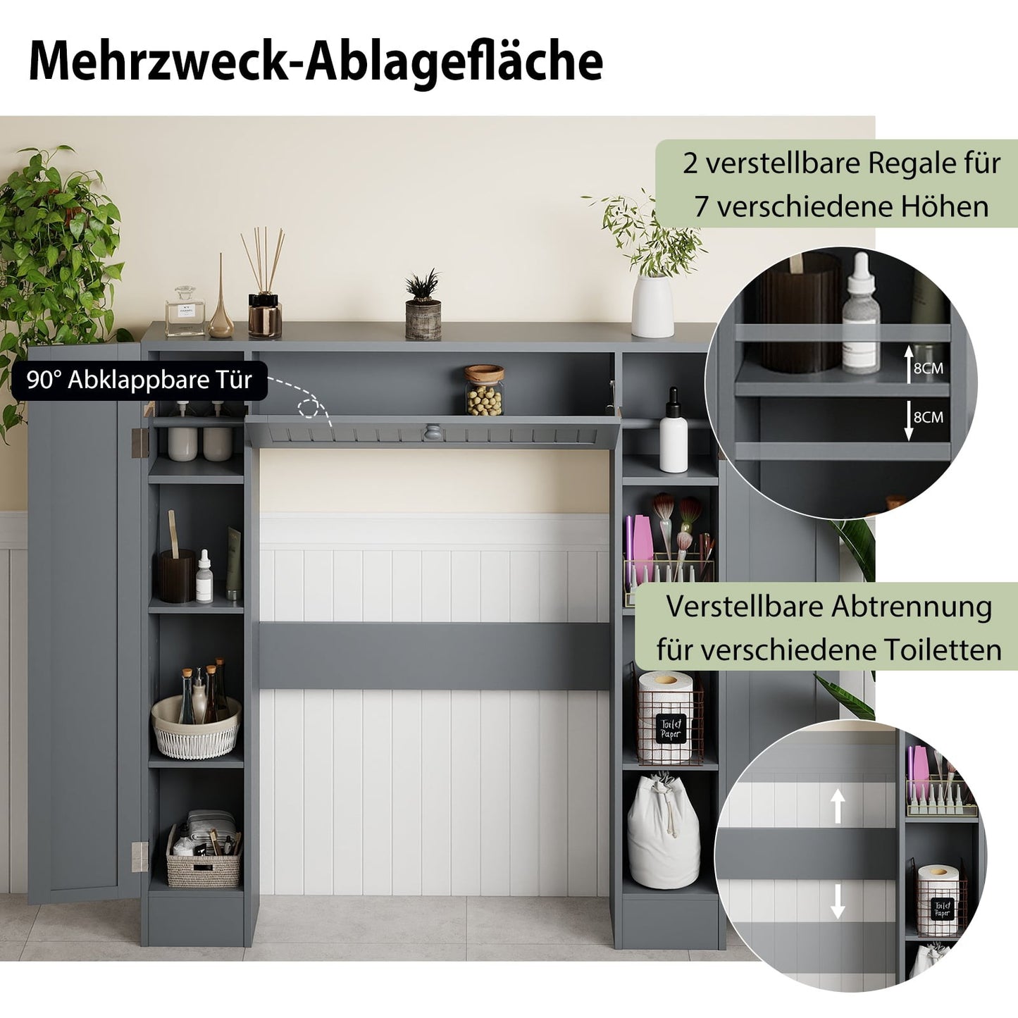 Over-Toilet Bathroom Cabinet with Adjustable Shelves, Gray