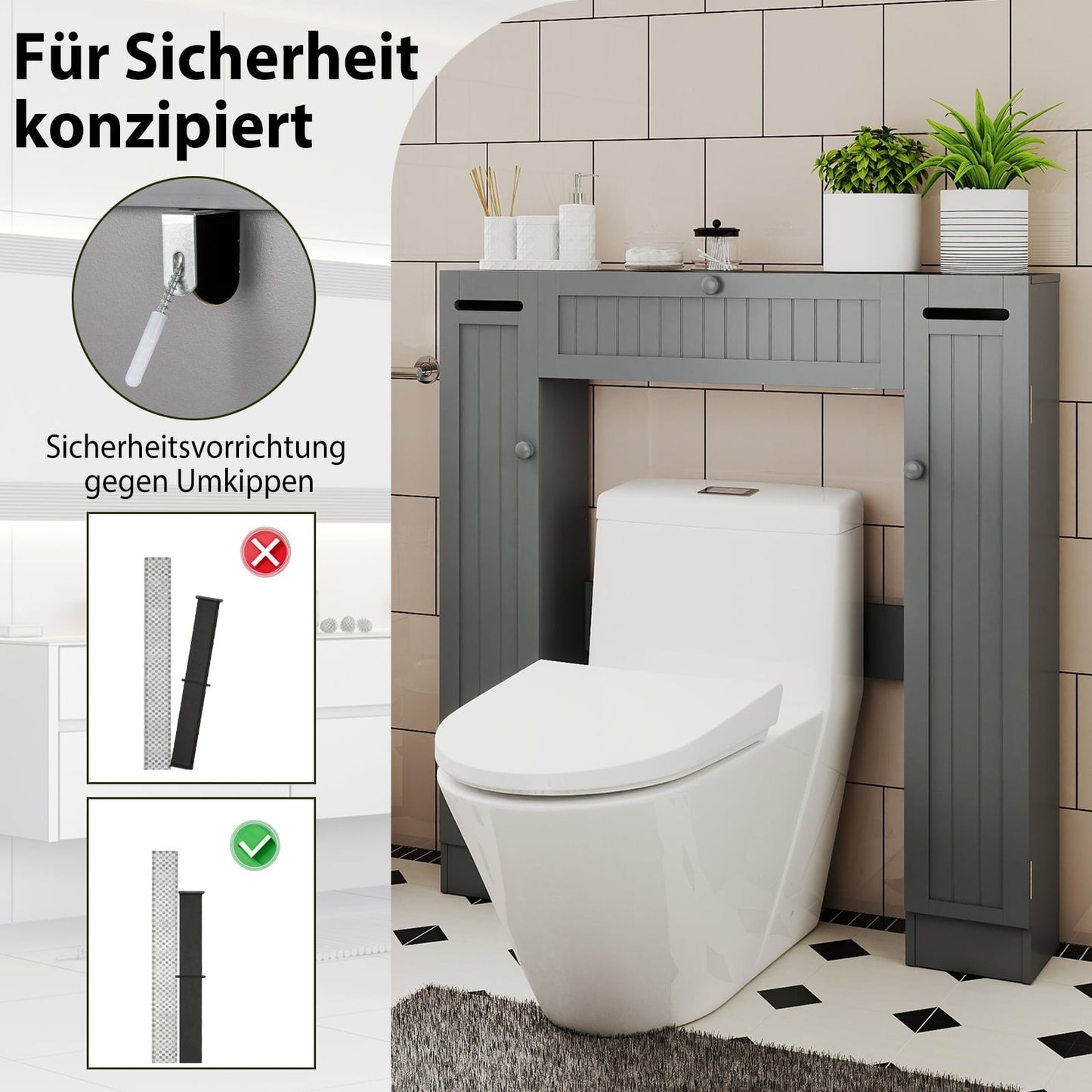 Over-Toilet Bathroom Cabinet with Adjustable Shelves, Gray