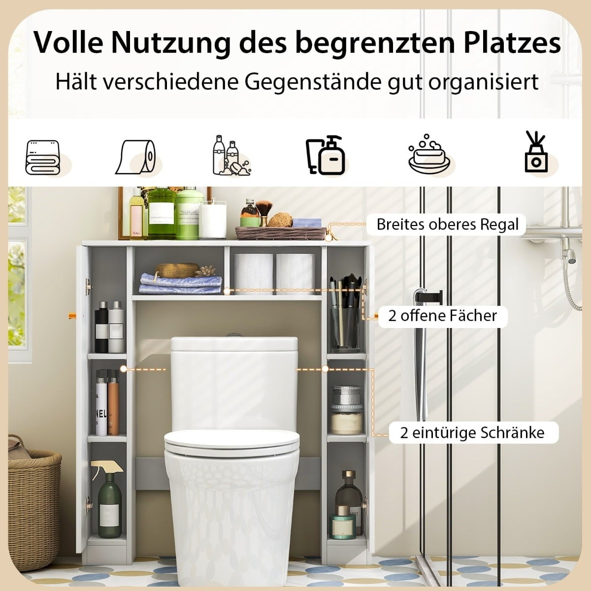 Over-Toilet Storage Cabinet, Adjustable Shelves, White