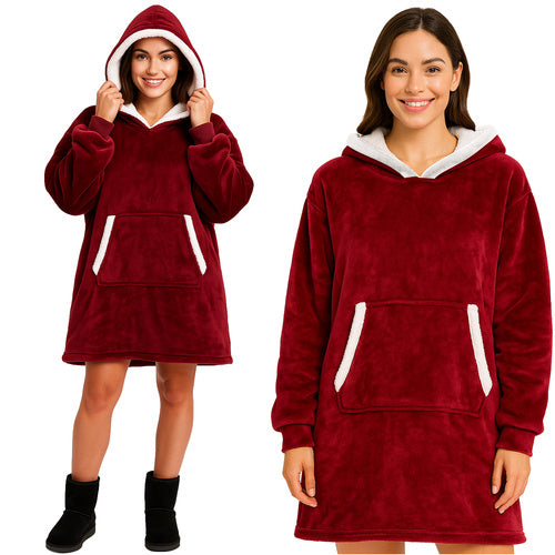Oversized Red Blanket Sweatshirt with Hood and Pocket