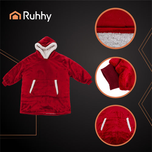 Oversized Red Blanket Sweatshirt with Hood and Pocket