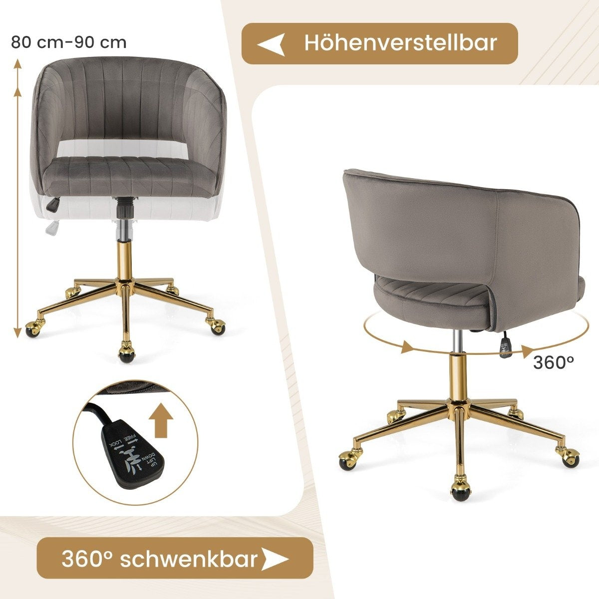 PC chair made of velvet, modern swivel chair with padded backrest + gray seat