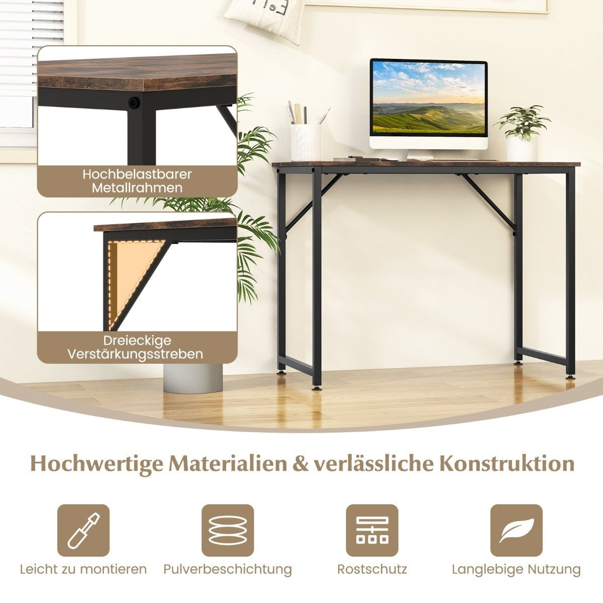 PC table with adjustable foot pads, compact computer desk, 100 x 50 x 77 cm, brown