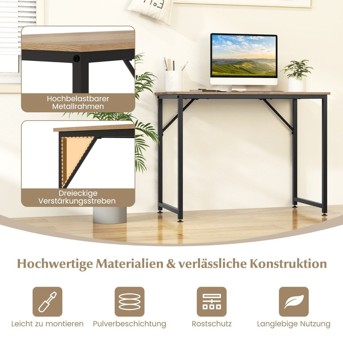 PC table with adjustable foot pads, compact computer desk, 100 x 50 x 77 cm, natural