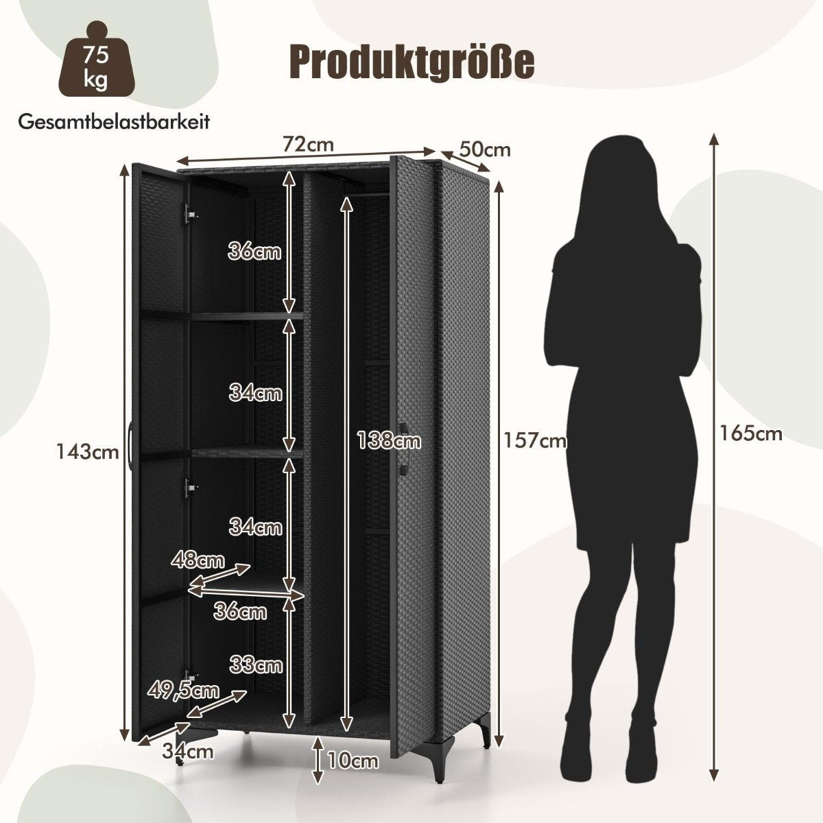 PE Rattan Wardrobe with 2 Doors &amp; Clothes rail &amp; 4 compartment wardrobe black