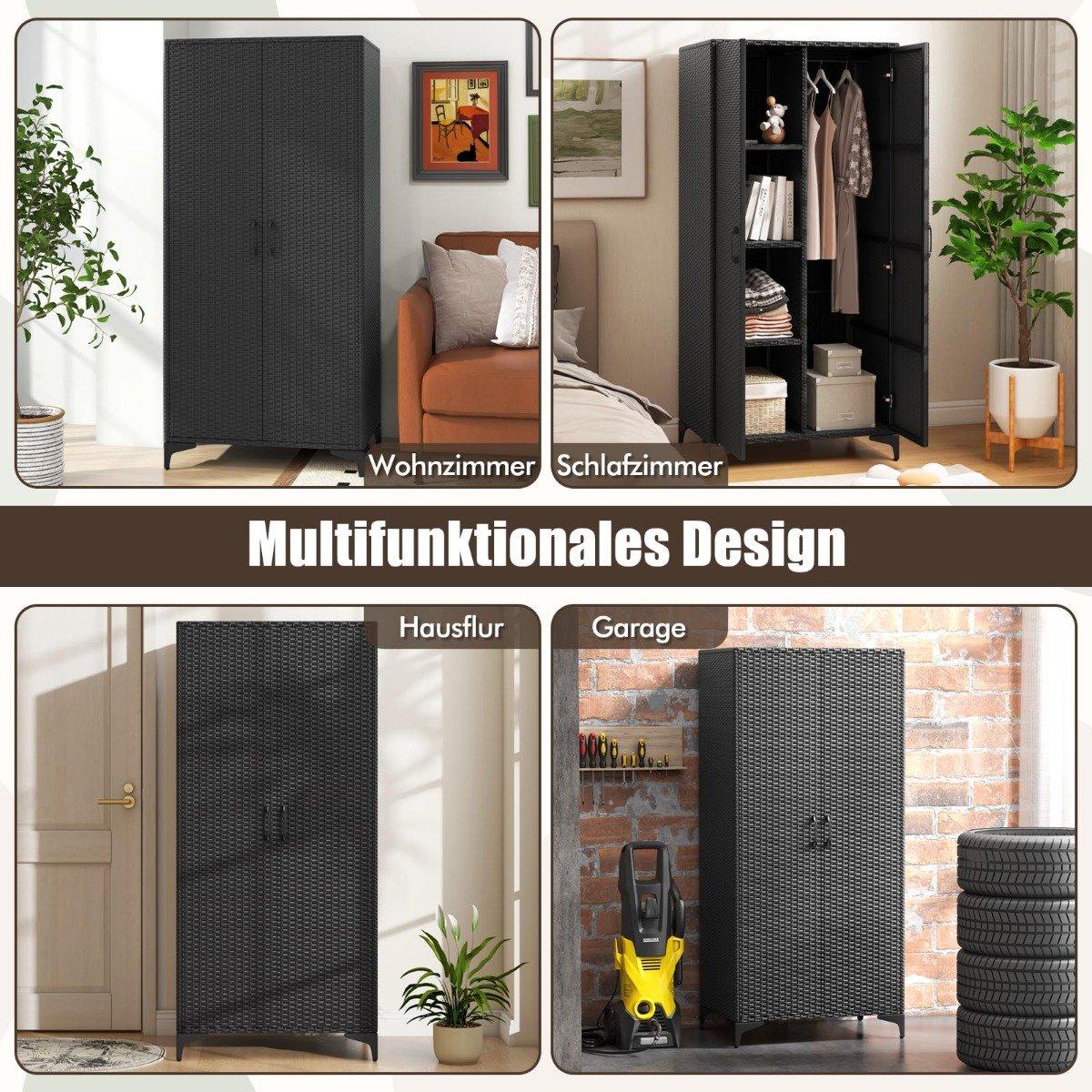 PE Rattan Wardrobe with 2 Doors &amp; Clothes rail &amp; 4 compartment wardrobe black