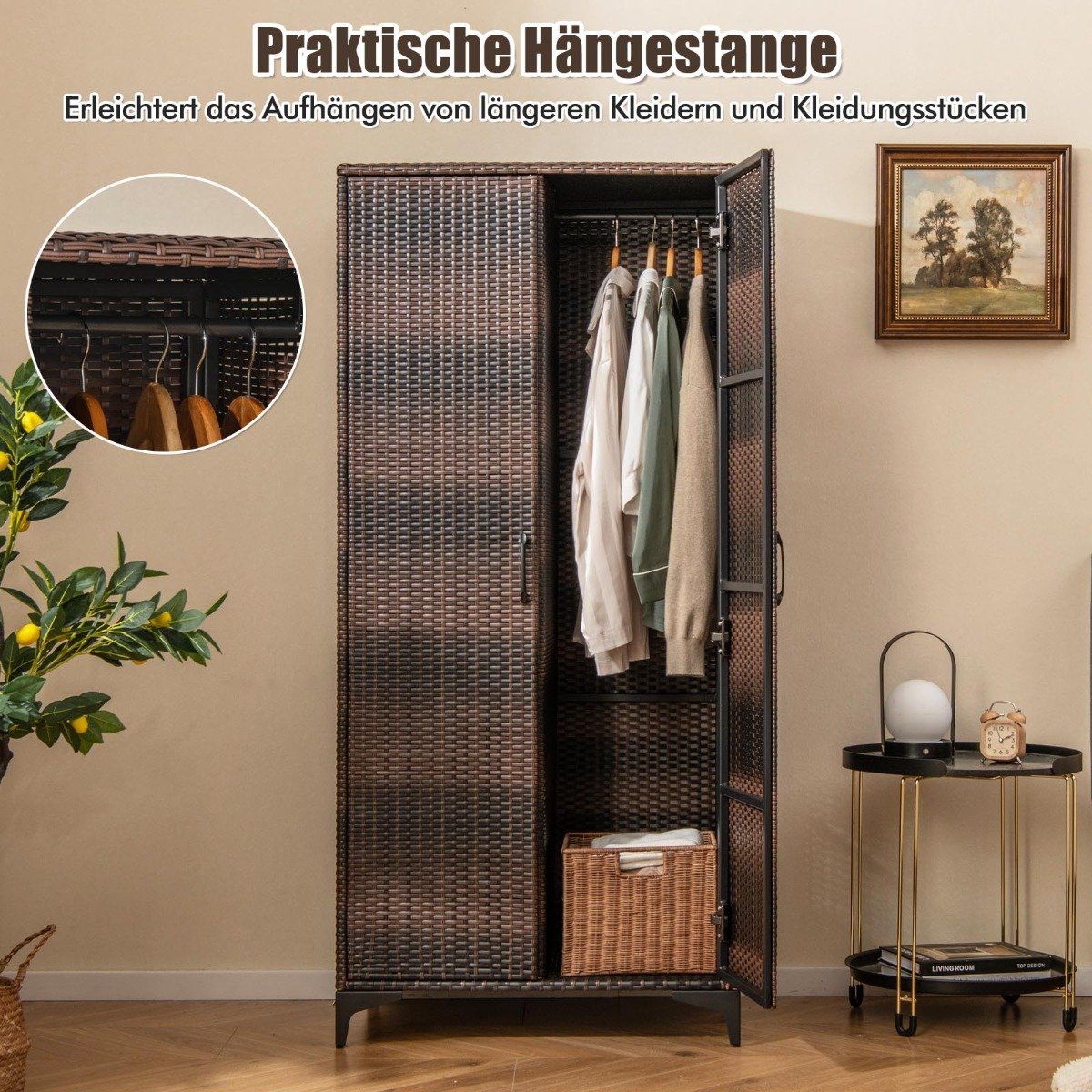 PE Rattan Wardrobe with 2 Doors &amp; Clothes rail &amp; 4 compartment wardrobe brown