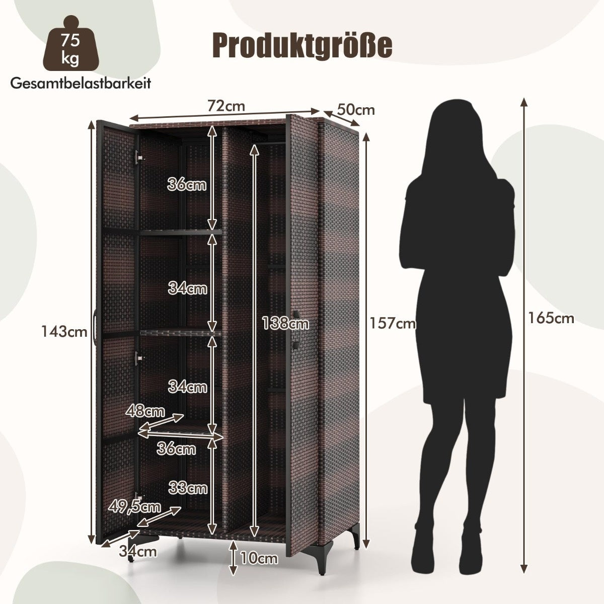PE Rattan Wardrobe with 2 Doors &amp; Clothes rail &amp; 4 compartment wardrobe brown