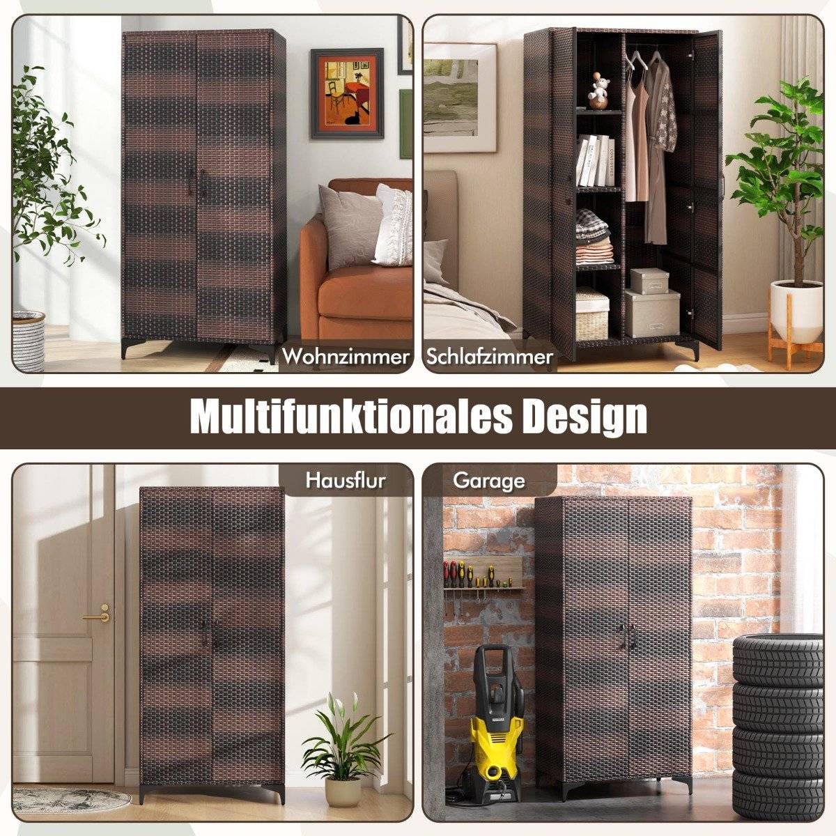 PE Rattan Wardrobe with 2 Doors &amp; Clothes rail &amp; 4 compartment wardrobe brown