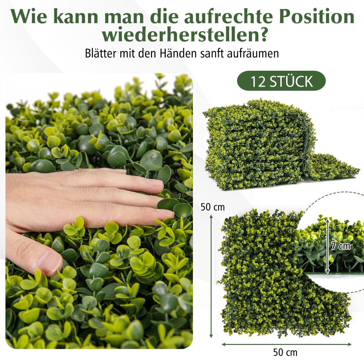 Pack of 12 50 x 50 cm artificial hedge boxwood panels with 7 cm thickness and corrugated surface