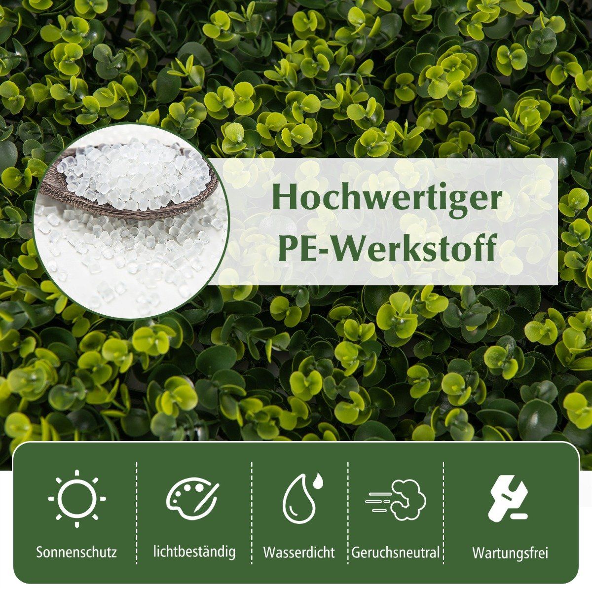 Pack of 12 50 x 50 cm artificial hedge boxwood panels with 7 cm thickness and corrugated surface