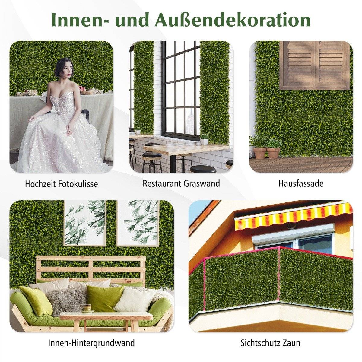 Pack of 12 50 x 50 cm artificial hedge boxwood panels with 7 cm thickness and corrugated surface