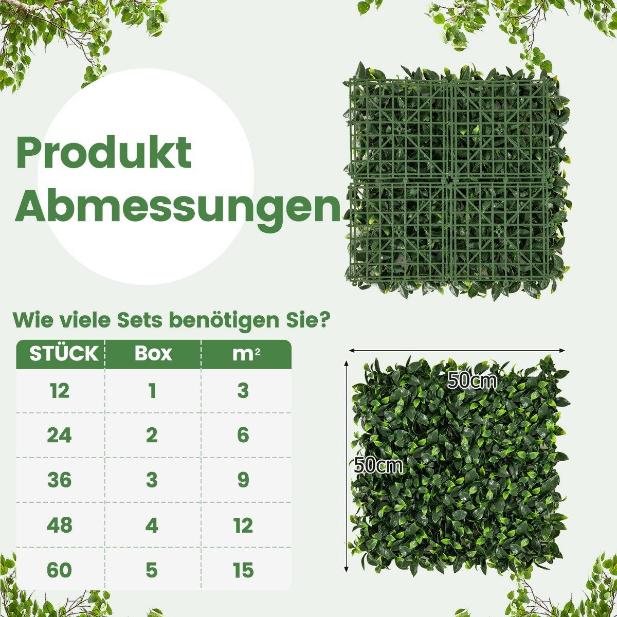 Pack of 12 Artificial Hedge Plant Wall 50.5 x 50.5 cm Simulated Lawn Artificial Plant Green