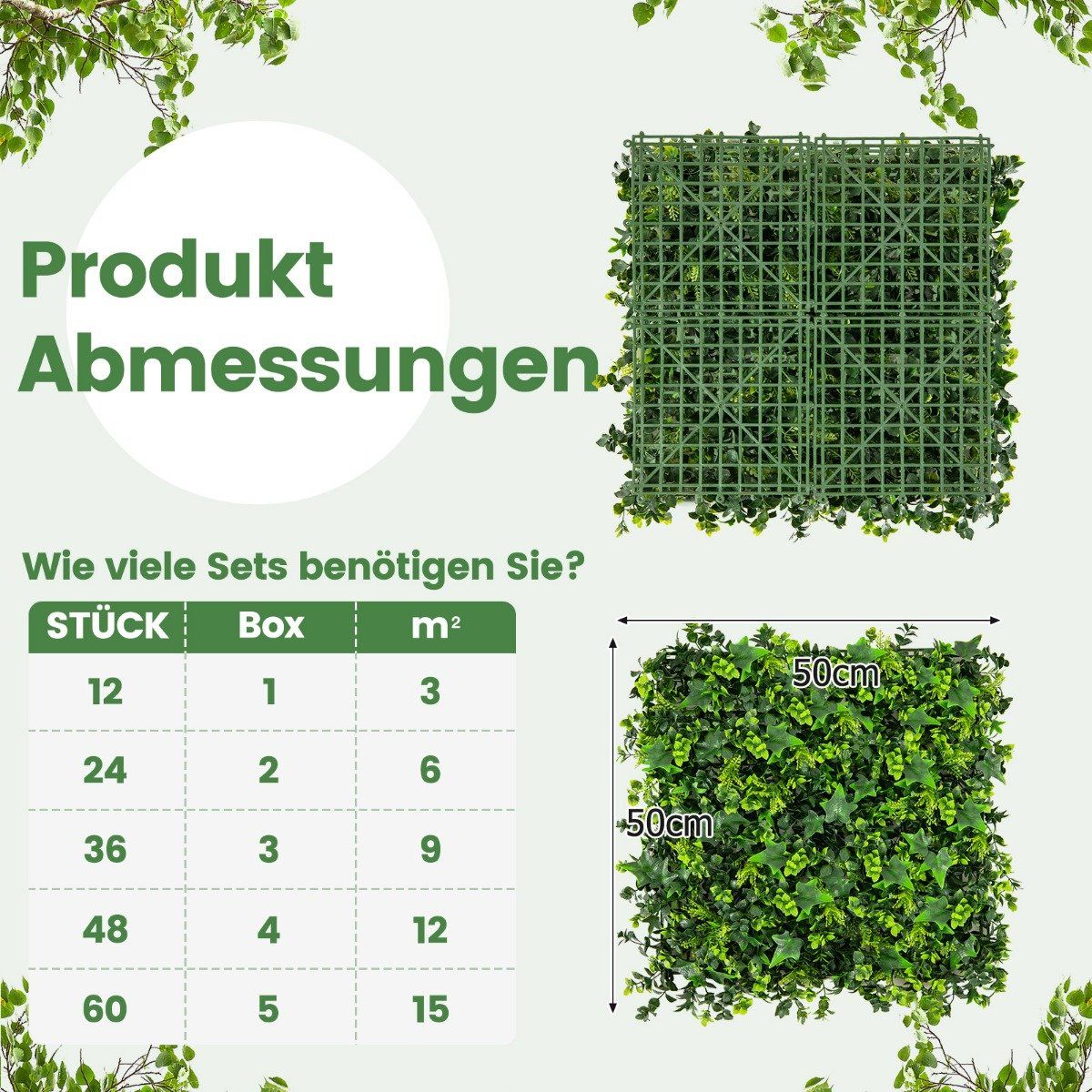 Pack of 12 Artificial Hedge Plant Wall 50.5 x 50.5 cm UV Protected Mixed Leaves