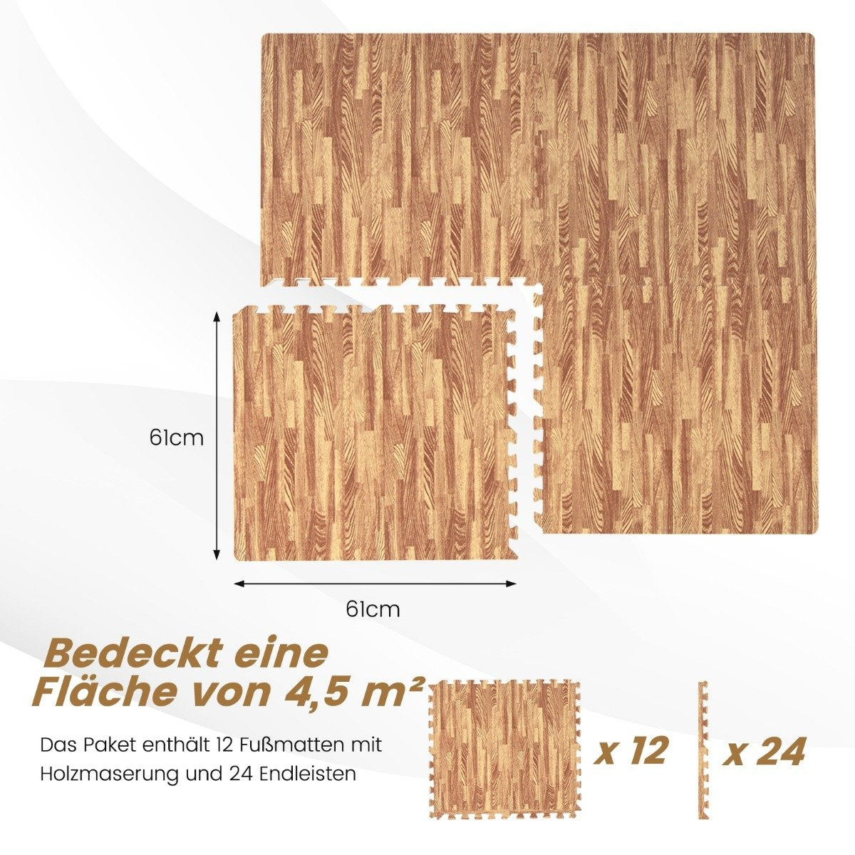 Pack of 12 protective mats made of Eva with wood grain puzzle mat for floor protection 61 x 61 cm natural