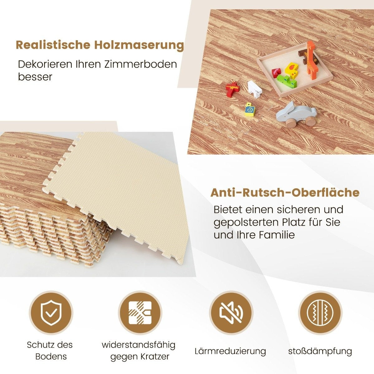 Pack of 12 protective mats made of Eva with wood grain puzzle mat for floor protection 61 x 61 cm natural