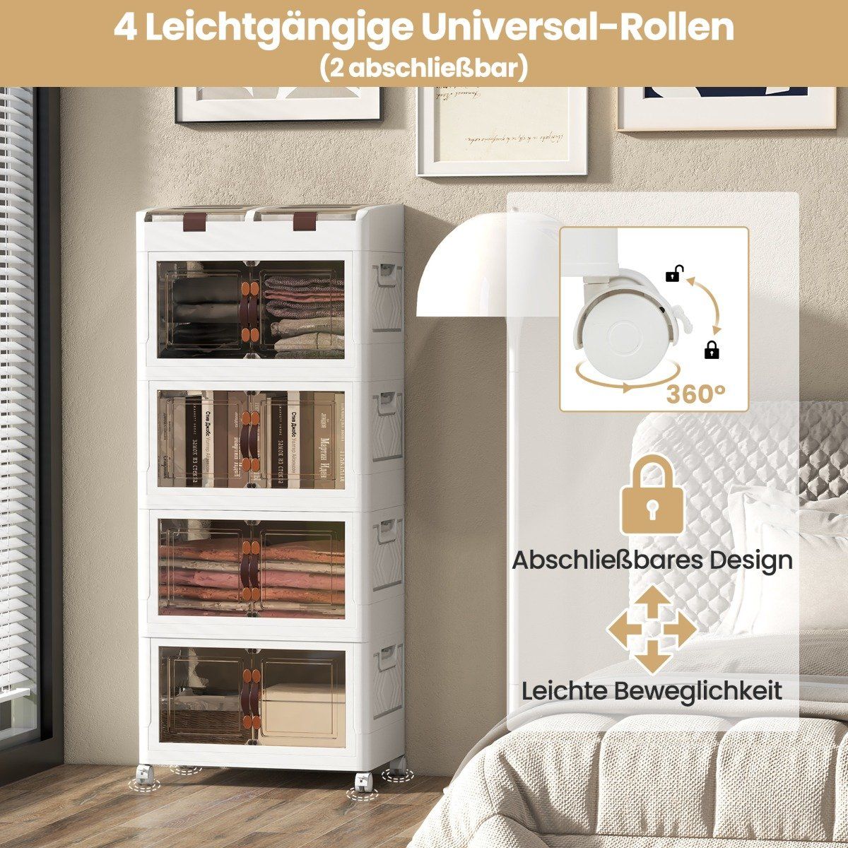 Pack of 4 Stacking Boxes with Lids & Wheels & Doors Foldable Storage Box Plastic Box 210L