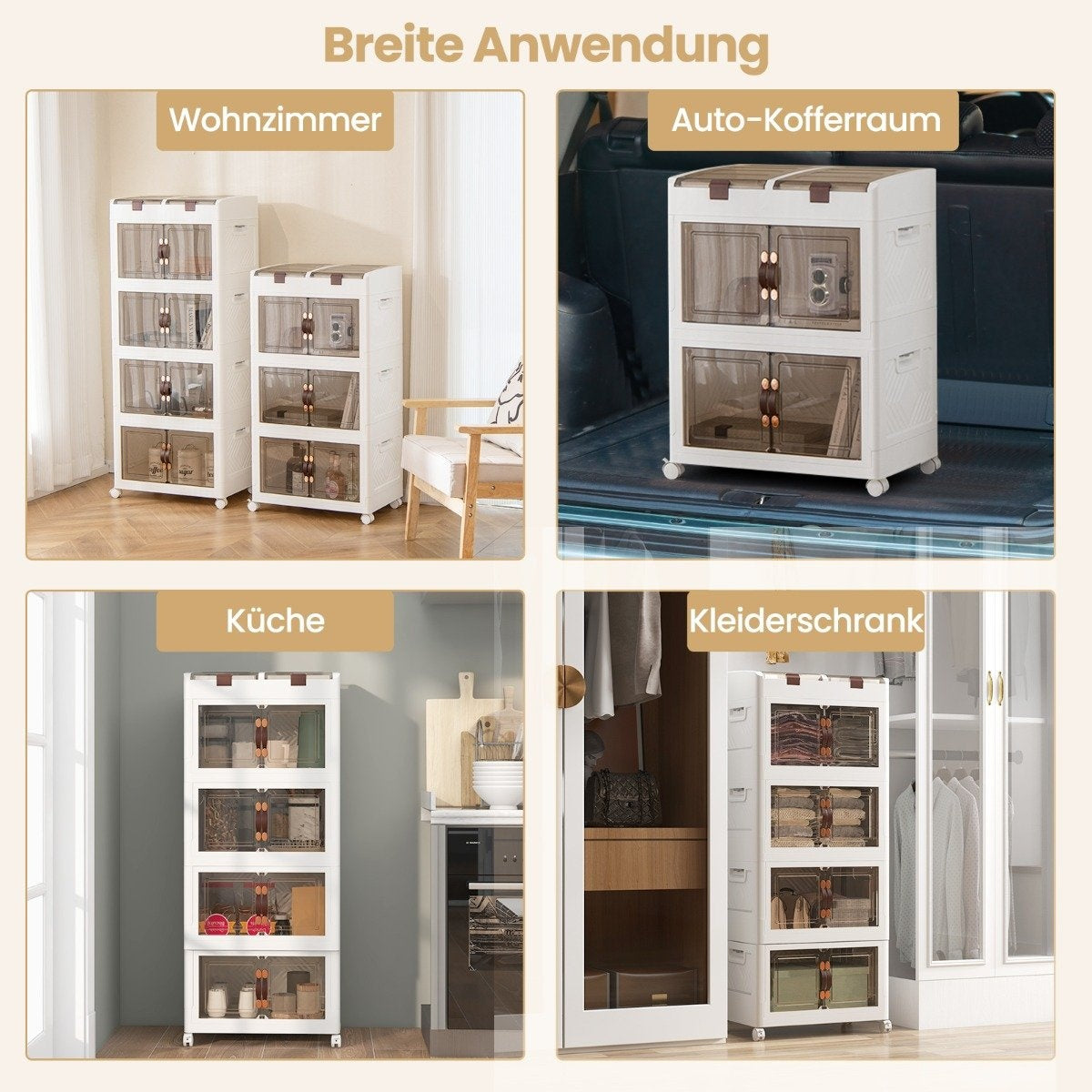 Pack of 4 Stacking Boxes with Lids & Wheels & Doors Foldable Storage Box Plastic Box 210L